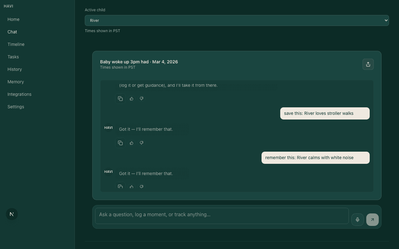 Havi chat thread with parent updates and guidance