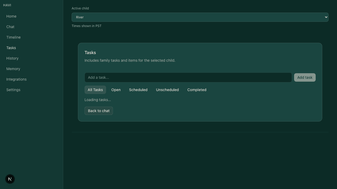 Havi tasks showing coordinated follow-through